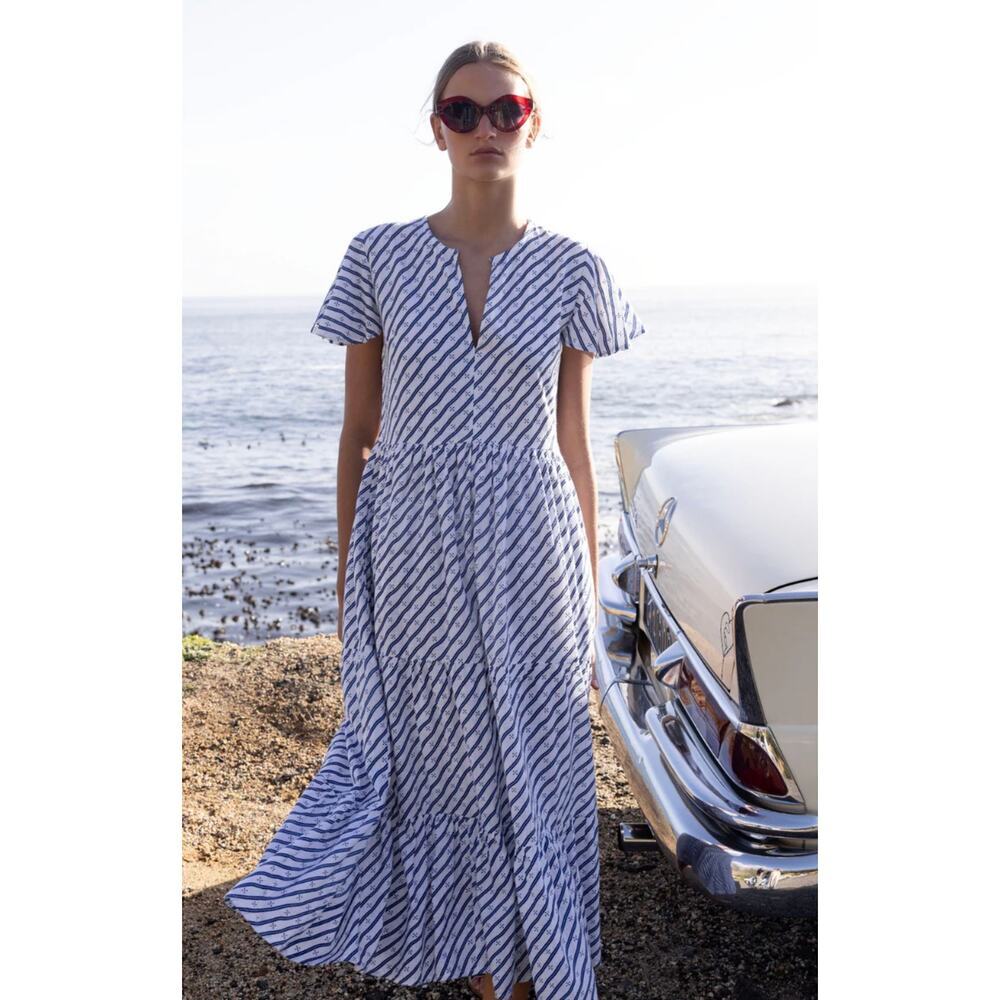 OLIPHANT Tuckernuck V-Neck Flutter Sleeve Maxi Dress Dispy Navy Print - Picture 3 of 10